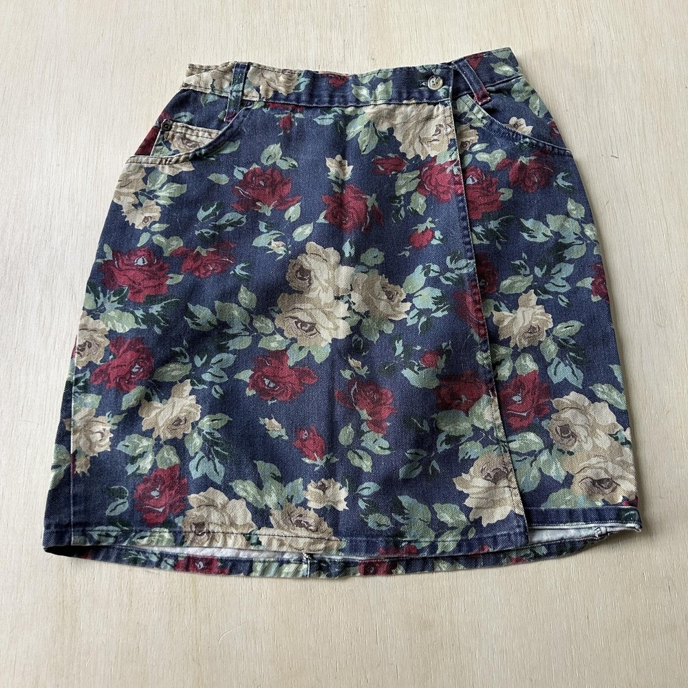 Vintage Denim Skirt Jeans Wear Womens 9/10 Navy Floral Pencil Mini Length USA